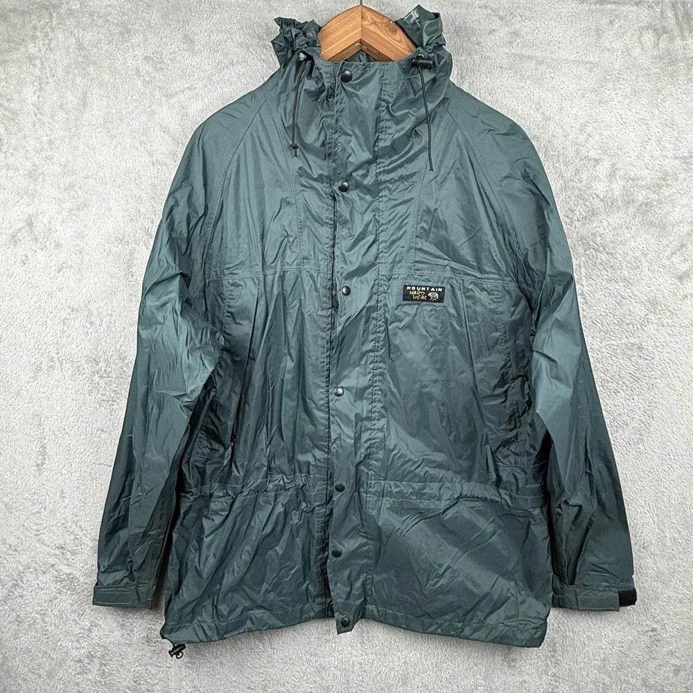 Mountain Hard Wear Rain Coat Mens L Green Hooded Waterproof Full Zip Snaps